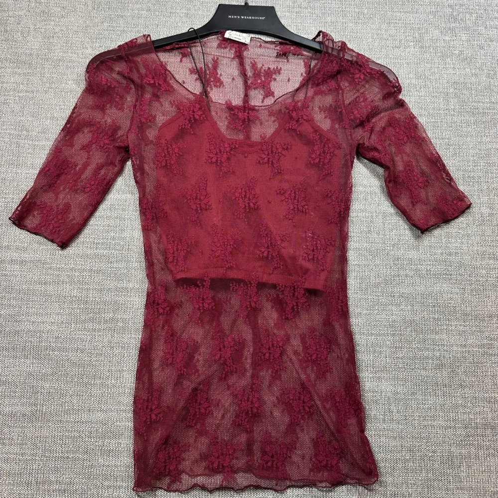 Intimately Free People Lace Mesh Top Womens Small Burgundy Sheer Layer